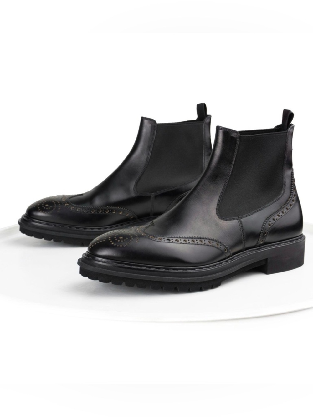 Black Leather Chelsea Ankle Boots Brogue Detail Chunky Heel Comfort Style Sz 8.5